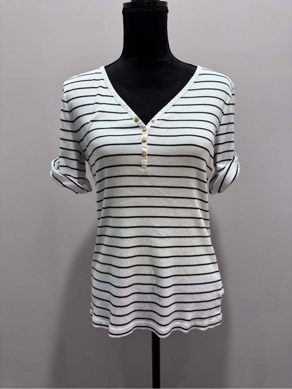 Ralph Lauren White and Black Striped V-Neck Henley